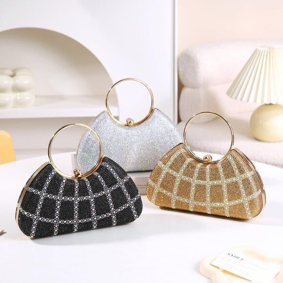 Women\'s Silver Fashion Round Handle Rhinestone Decorated Evening Bag Tote Party